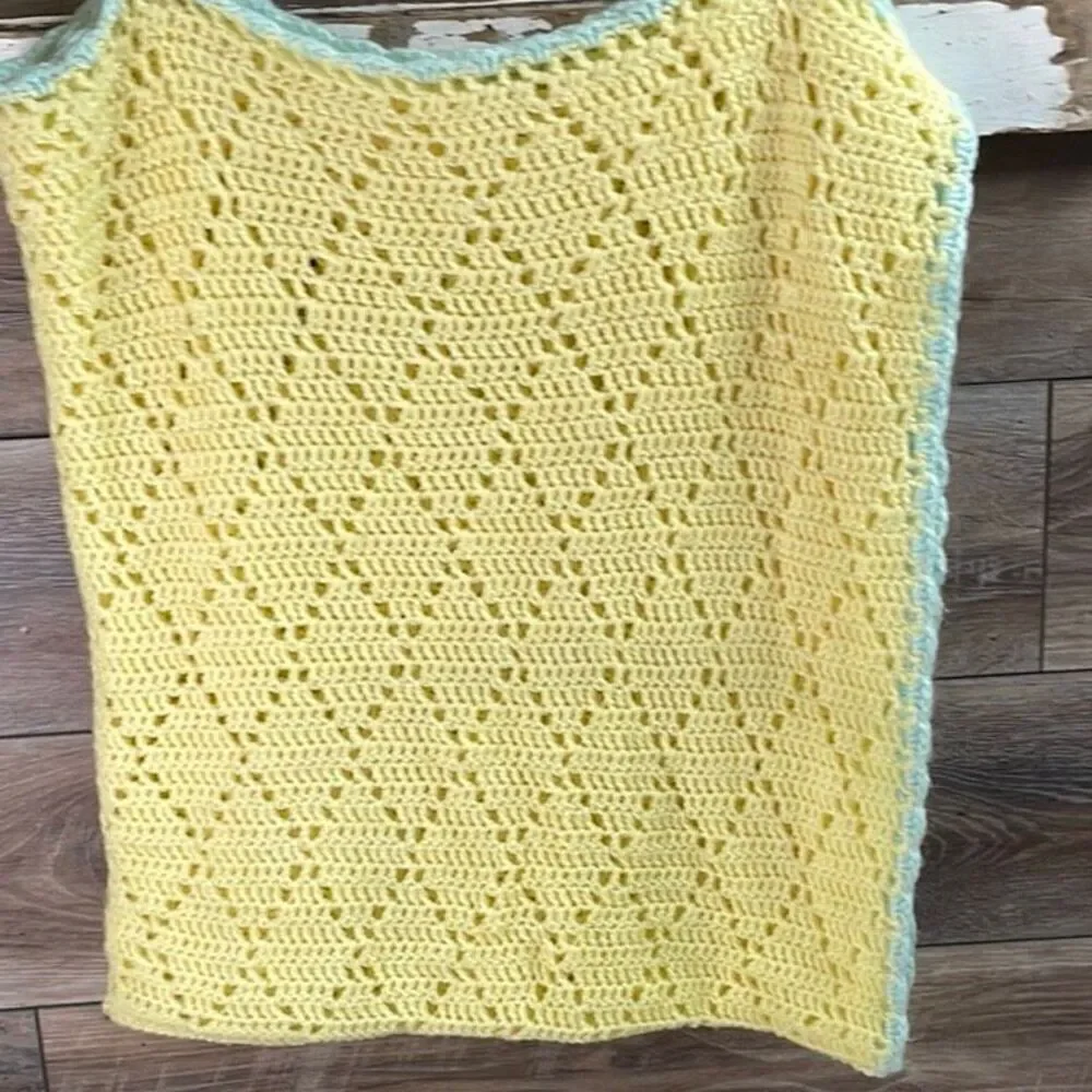 Crocheted Open Knit Infant Baby Blanket Handmade Yellow Blue Trim 62 X 62